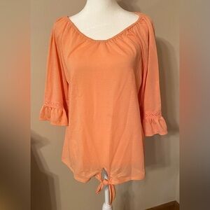 “CURE.” Ladies Peach Top with Sleeves and Tie Cinch Bottom. Size Large